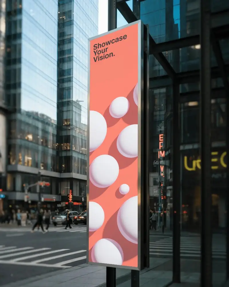 Vertical Banner Mockup In Downtown Cityscape With Reflective Glass Background