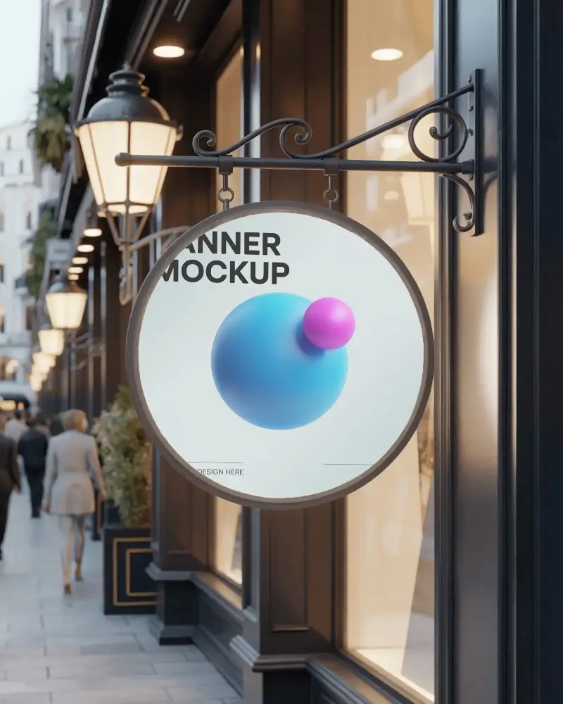 Vintage Round Outdoor Signage On Elegant Shopping Street For Retail Banner Mockup