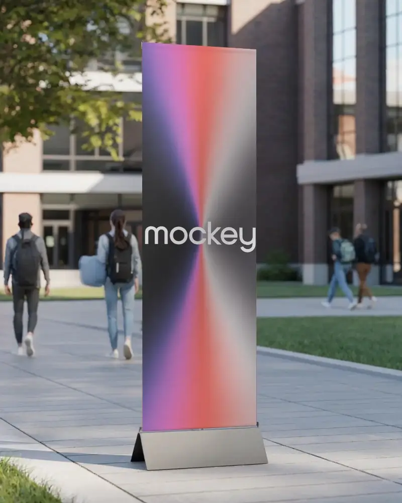 Tall Blank Presentation Banner Mockup Outdoor Cityscape With Urban Pedestrian Background