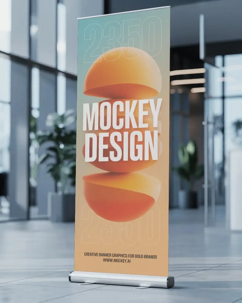 Vertical Banner Mockup In Modern Corporate Lobby For Advertising Promotions