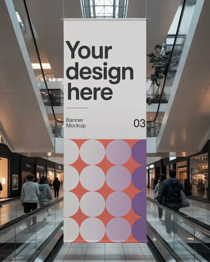 Vertical Empty Banner Mockup Hanging In Modern Shopping Center With Escalators