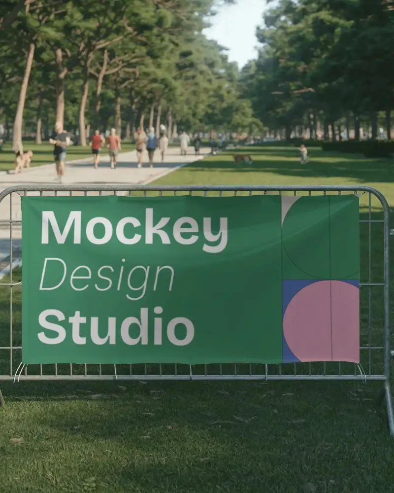 Photorealistic Park Banner Mockup With People Walking In Tree Lined Avenue Bright And Lively Scene