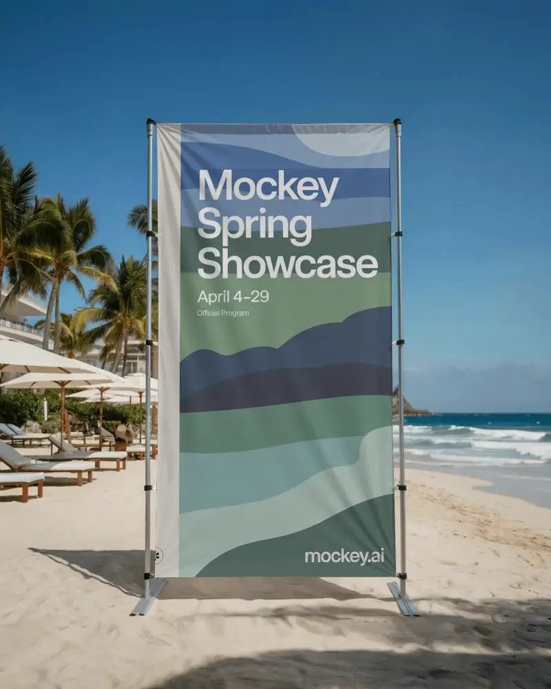 Seaside Sunlit Banner Mockup On Sandy Beach With Palm Trees And Luxury Resort Chairs In Background