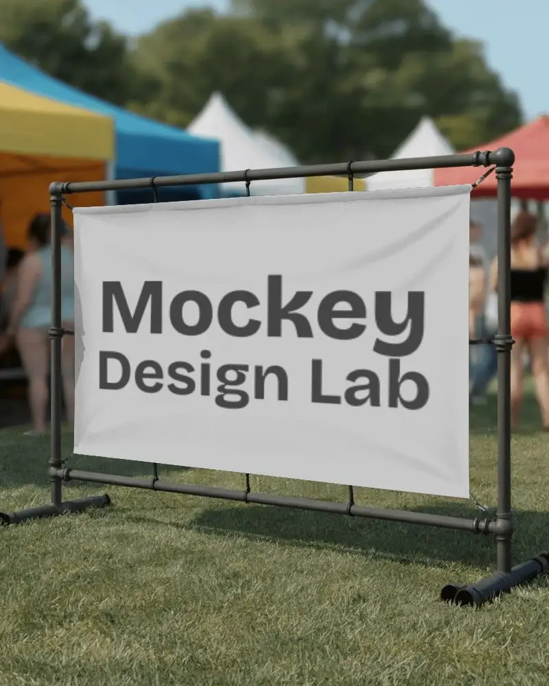 Outdoor Festival Banner Mockup On Metal Frame With Colorful Tents And Crowd In Sunny Park Setting