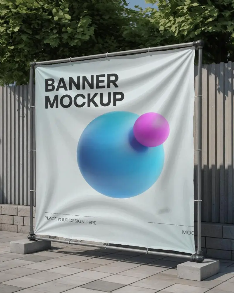 Modern Urban Banner Mockup On Metal Frame With Textured Fabric And Sunlit Outdoor Street Setting