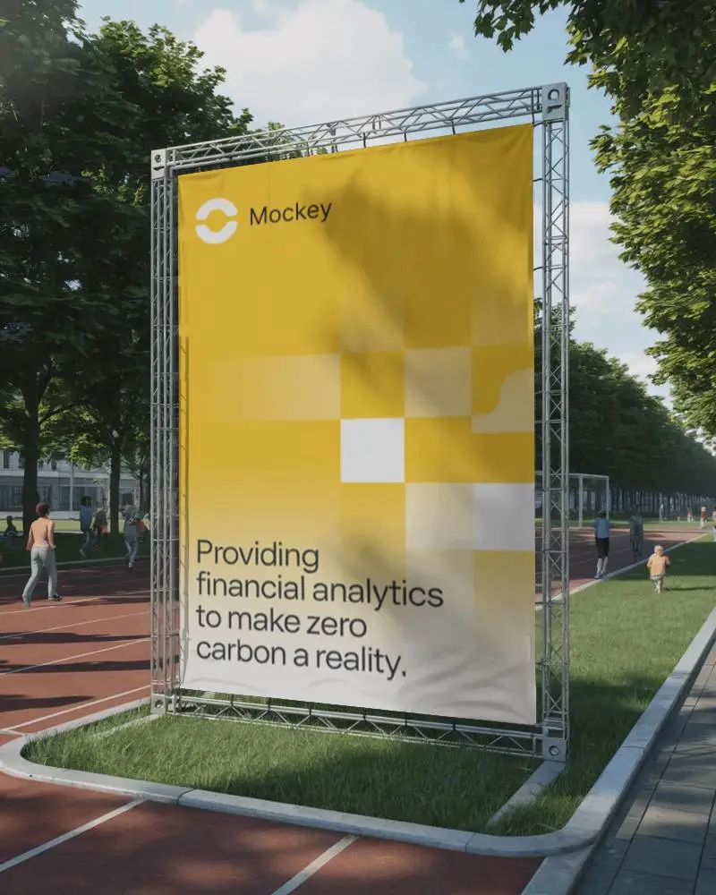 Outdoor Sports Track Banner Mockup On Metal Truss Frame With People Jogging In Sunny Park Setting