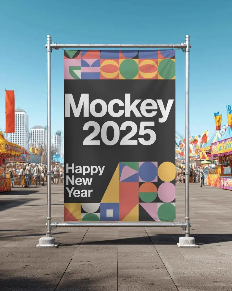 Outdoor Festival Banner Mockup Vertical Stand With Fairground Rides And Vivid Flags In Urban Setting