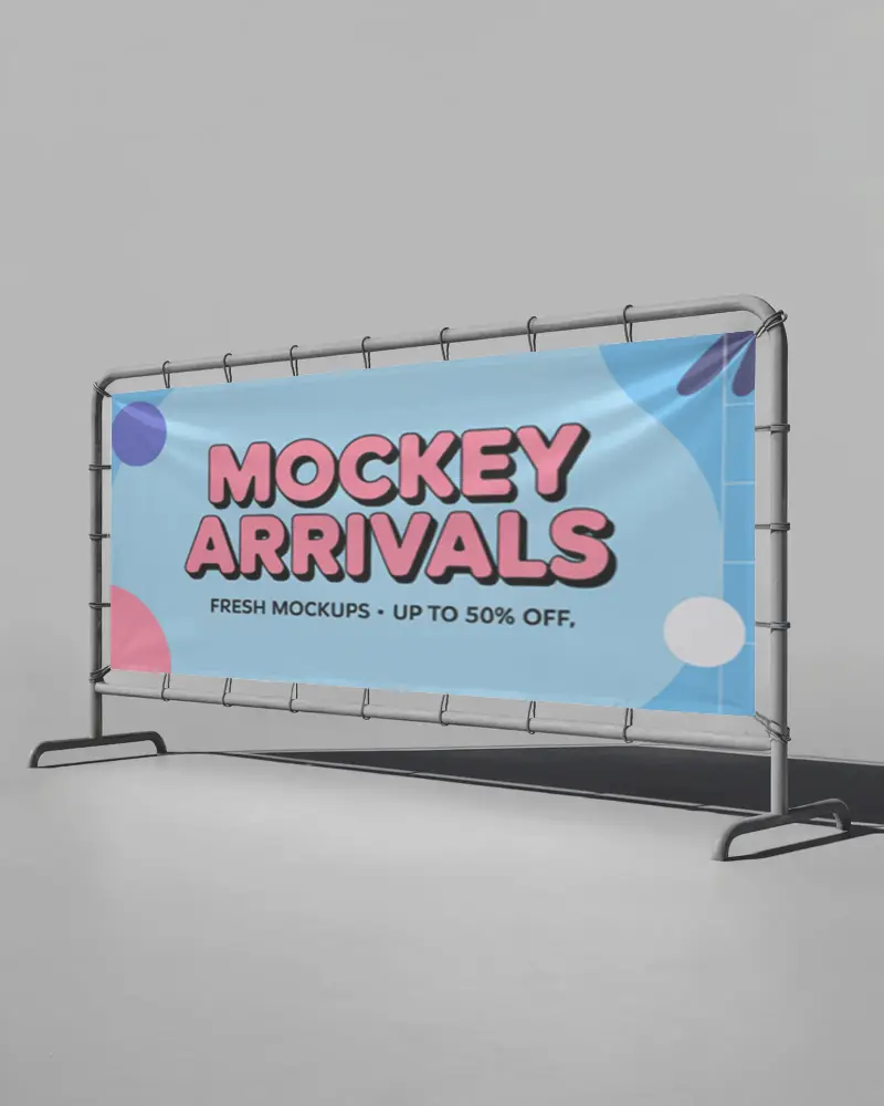 Minimal Studio Banner Mockup On Metal Frame With Clean Gray Background And Soft Shadow Lighting