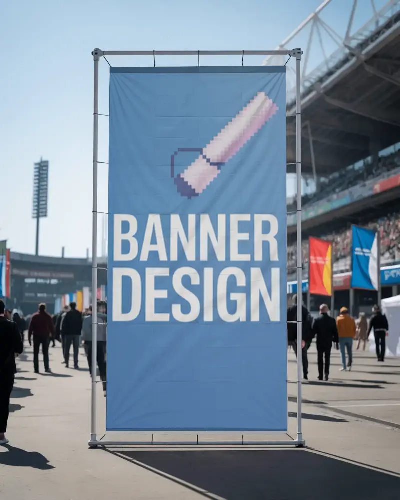 Realistic Stadium Banner Mockup On Metal Stand With People Walking And Colorful Event Flags Around