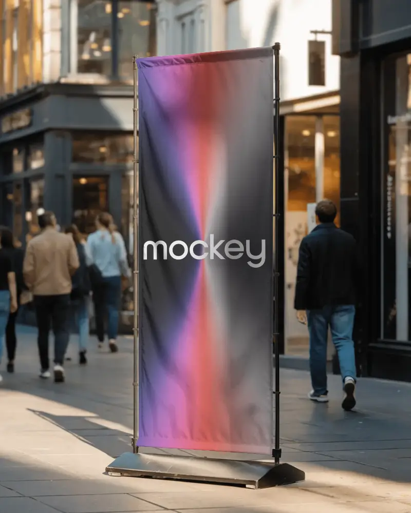 Urban Street Banner Mockup On Portable Stand With Shopping District Background And Walking People
