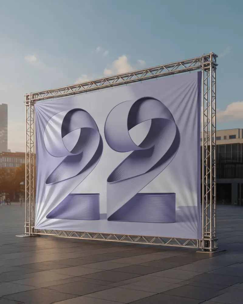 Outdoor Square Banner Mockup On Metal Truss Frame In Modern City Plaza With Sunset Lighting Effect