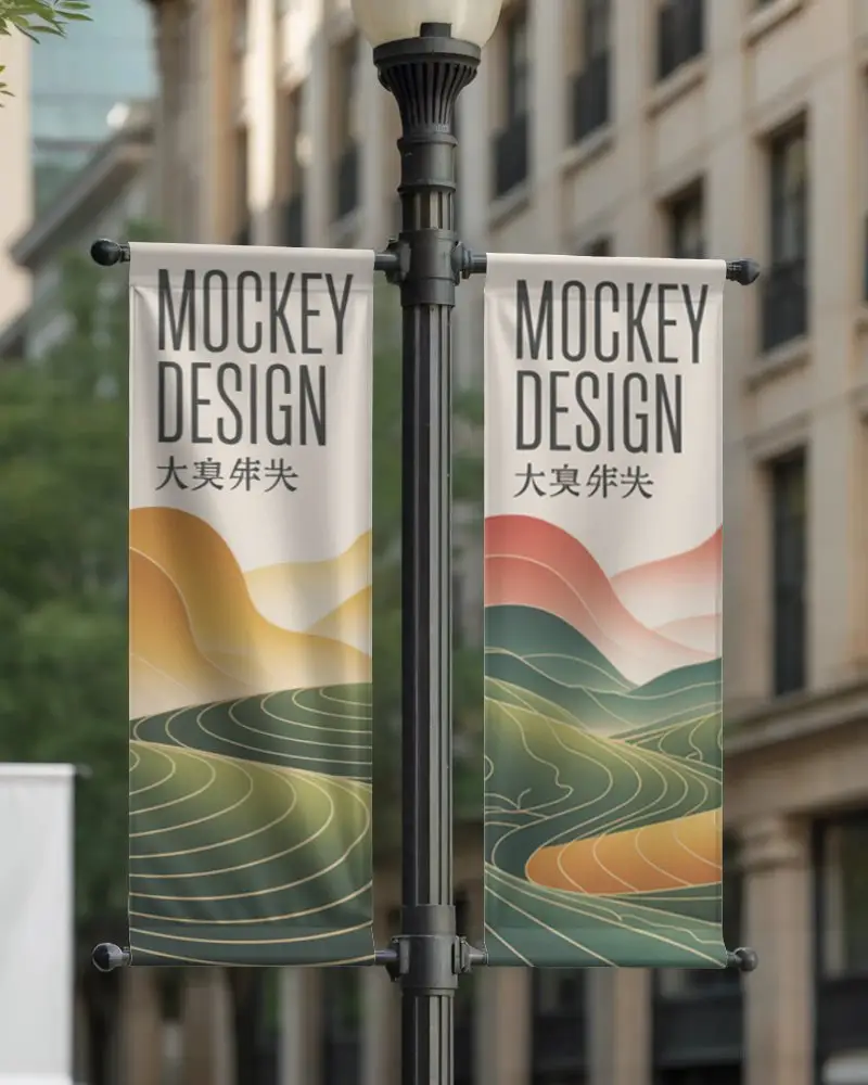 Vertical Double Street Pole Banners Mockup Urban Advertising Mockup Realistic Outdoor Design