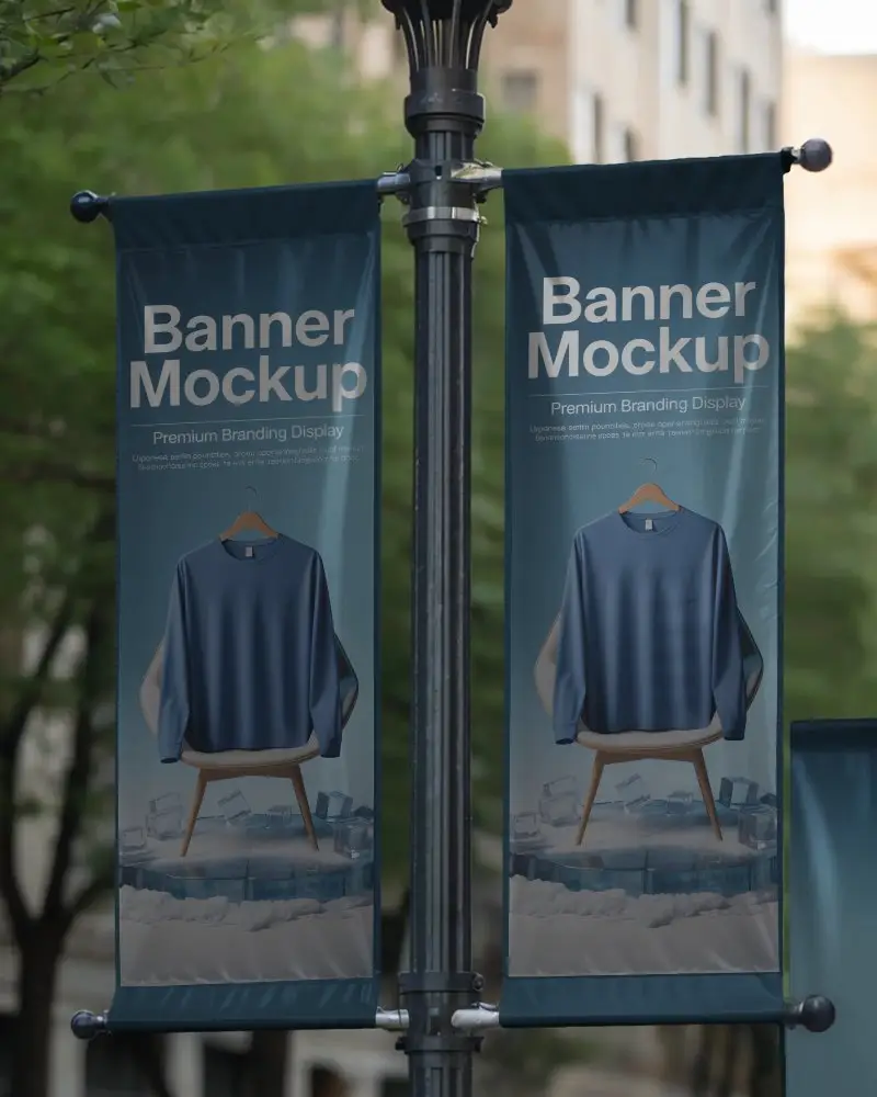 Blank Double Flag Banner Mockup On Light Pole For City Outdoor Promotion