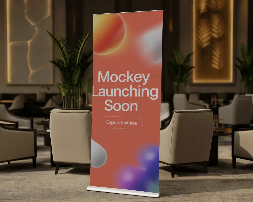 Modern Indoor Event Banner Mockup Showcasing Customizable Vertical Stand Design