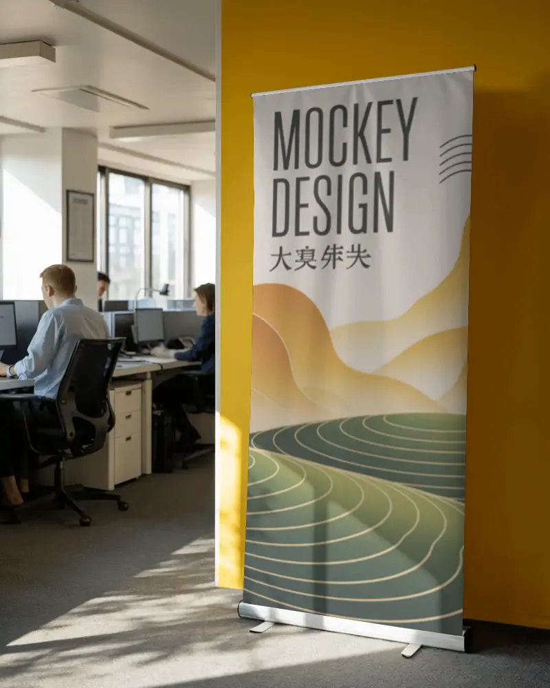 Modern Blank Rollup Poster Banner Mockup In Corporate Office Environment Background
