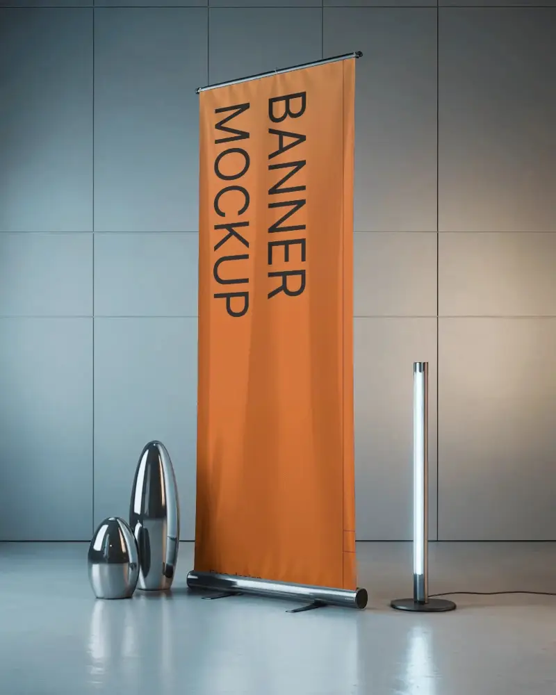 Freestanding Pull Up Banner Mockup With Sleek Modern Floor Lamp And Metallic Decor Elements