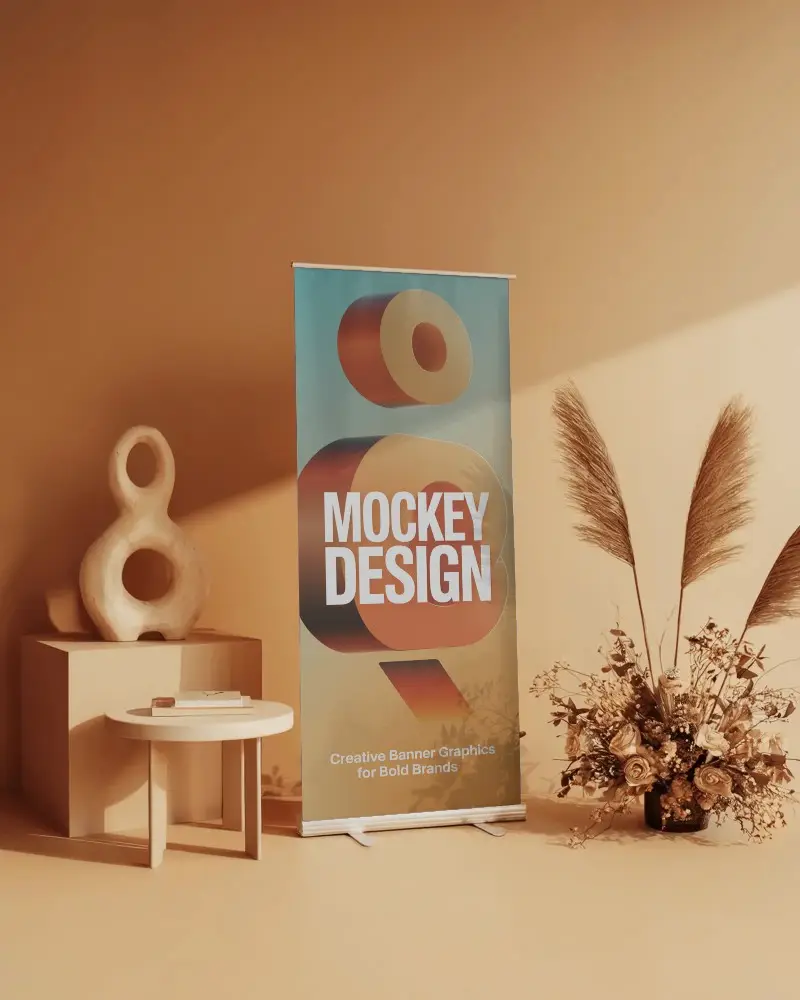 Minimalistic Indoor Banner Mockup With Modern Decor And Dried Floral Arrangement Display