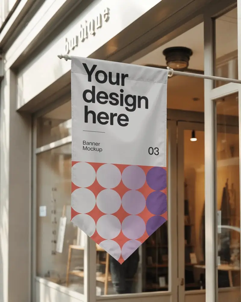 Custom Hanging Flag Banner Mockup Display Front Store Promotion Blank Space Design