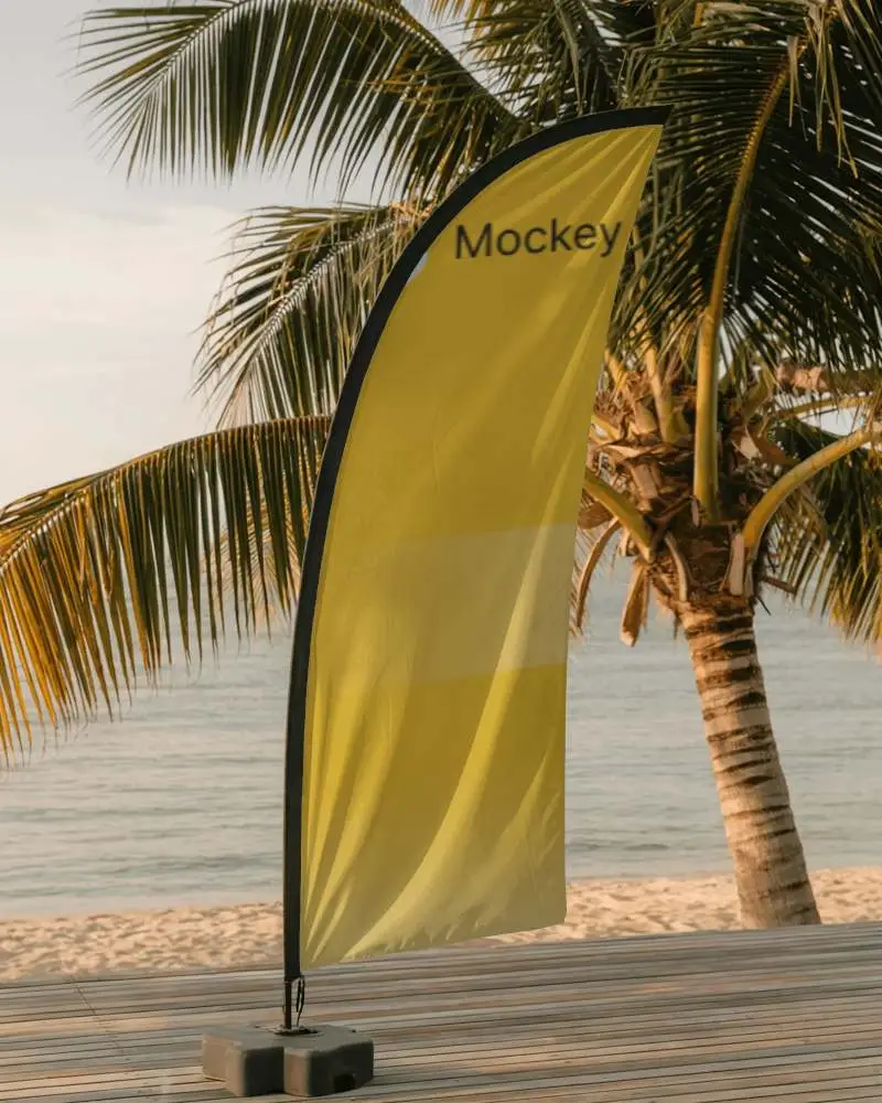 Outdoor Beach Event Advertising Flag Banner Mockup On Wooden Deck For Marketing Purpose