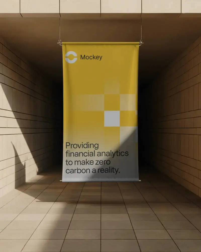 Hanging Banner Mockup In Urban Tiled Corridor For Promo Displays