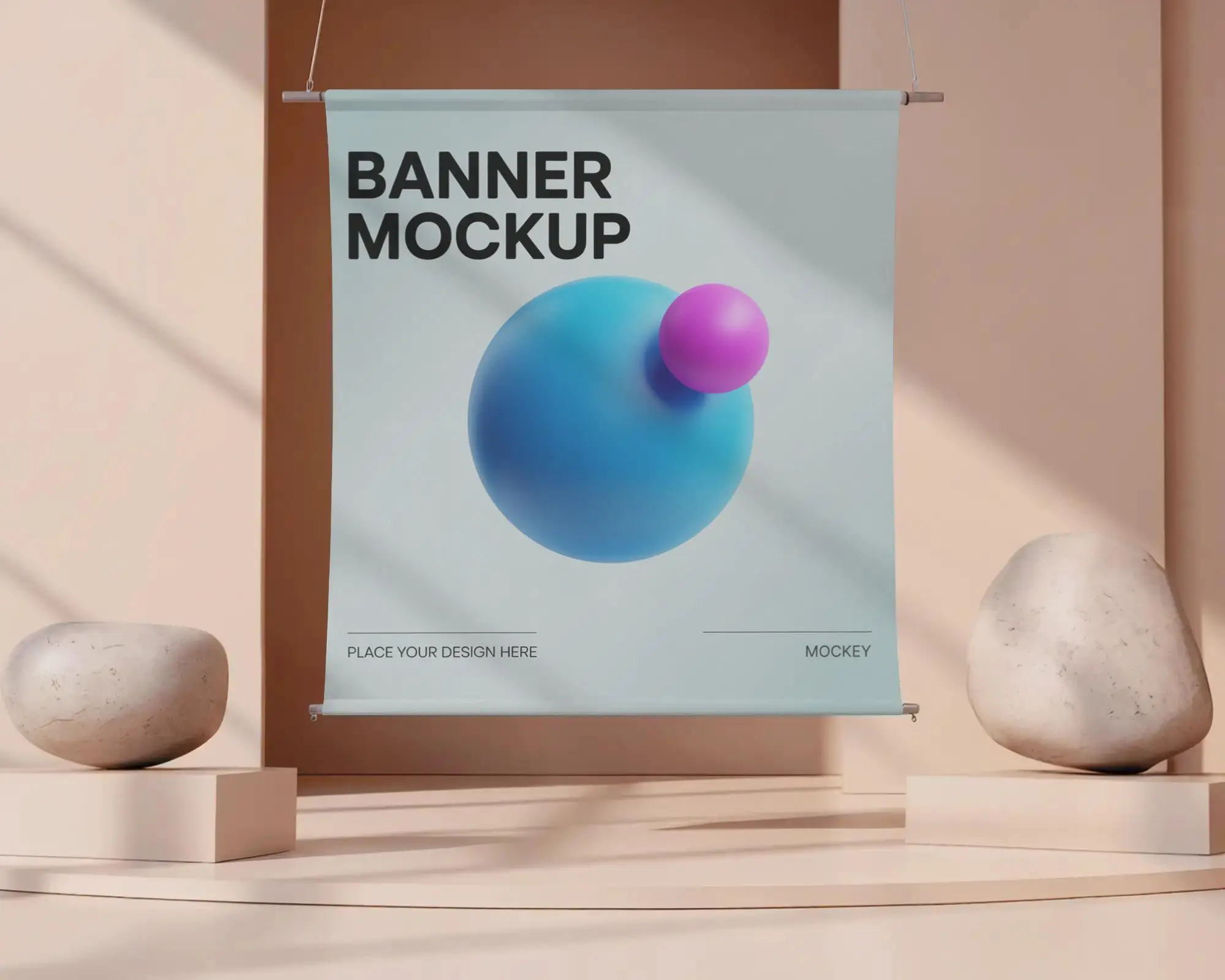 Stylish Exhibition Platform With Hanging Banner Mockup And Natural Rock Display Stands