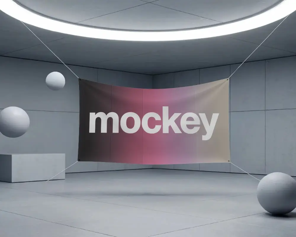 Large Horizontal Fabric Banner Mockup Hanging By Rope In Minimalistic Room Setting