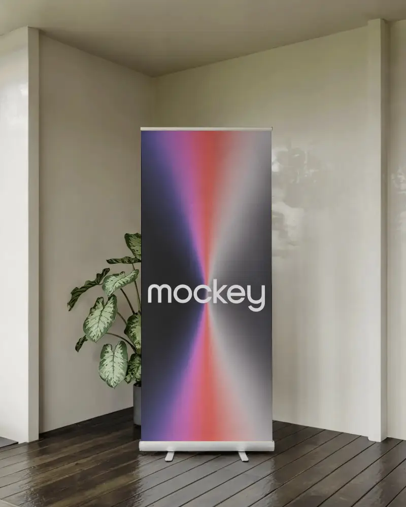 Modern Roll Up Banner Mockup In Minimalist Interior Setting For Brand Presentation