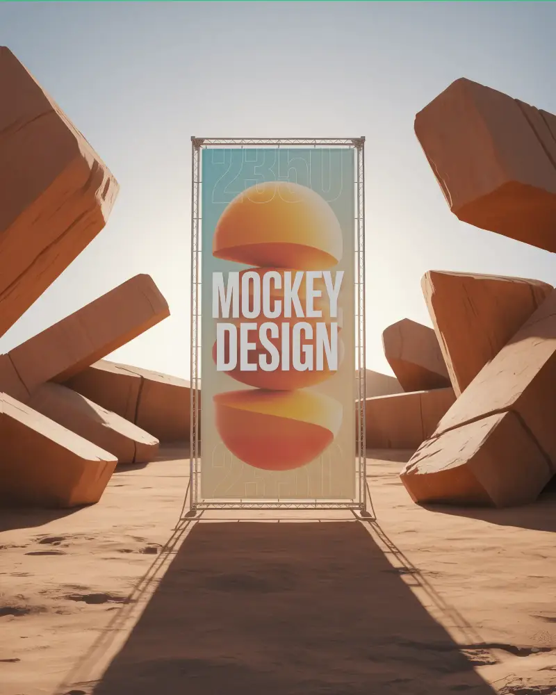 Tall Outdoor Advertising Banner Mockup Metallic Framework Surrounded By Desert Sandstone