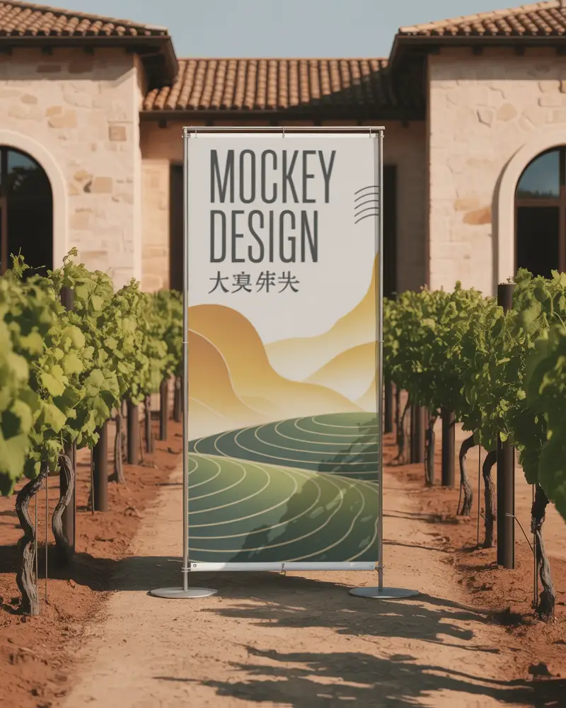 Outdoor Stand Banner Mockup In Vineyard Setting For Marketing Presentation