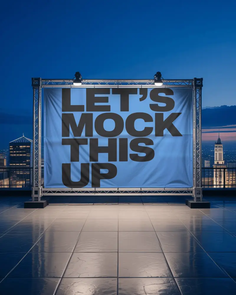Large Blank Outdoor Banner Mockup On Urban Rooftop Nighttime With Bright Spotlights