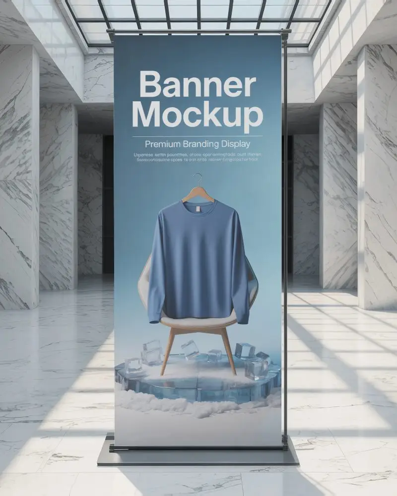 Blank Indoor Roll Up Banner Mockup In Spacious Contemporary Office Space Presentation