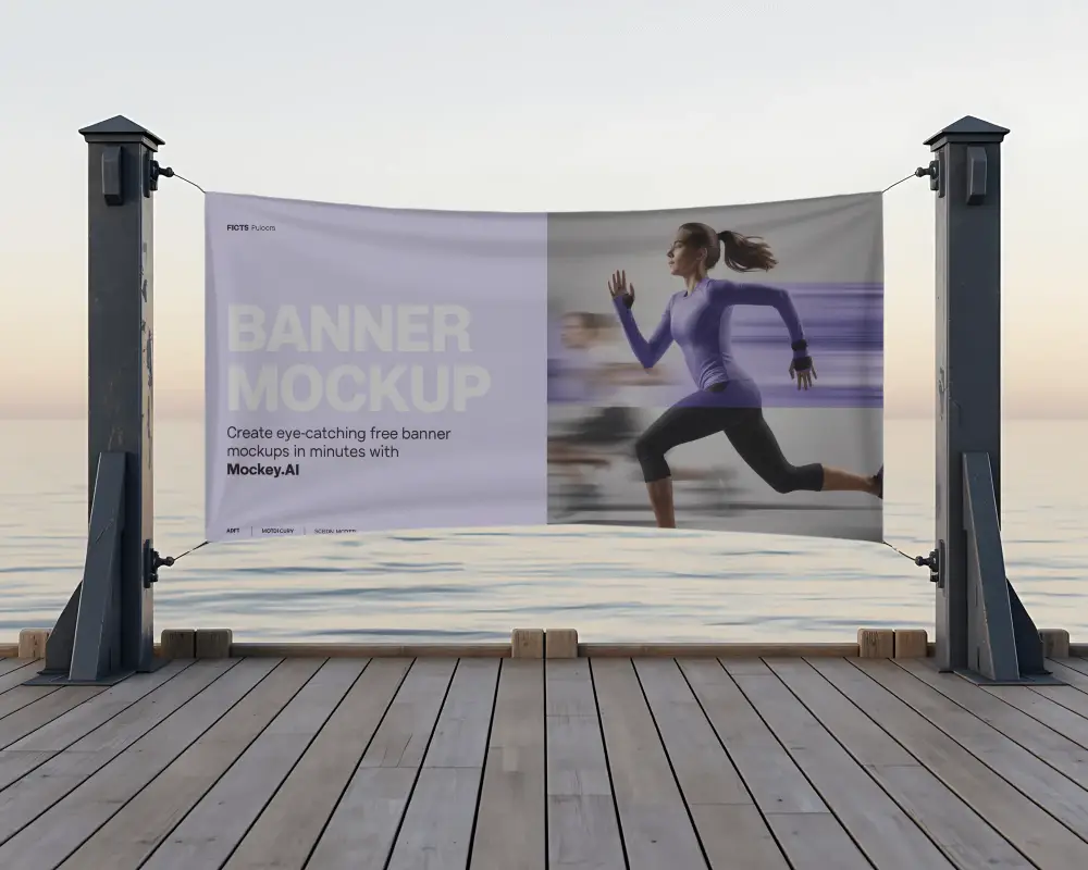 Realistic Horizontal Banner Mockup Hanging Between Two Poles On A Wooden Pier