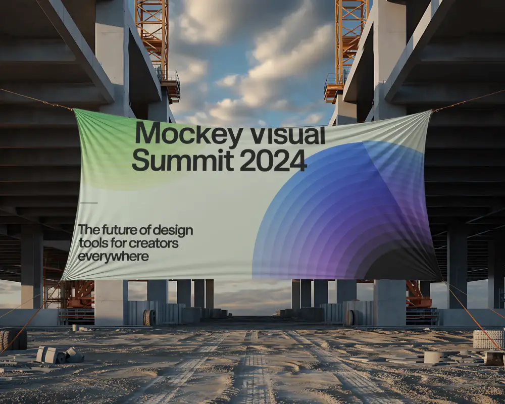 Large Horizontal Banner Mockup Hanging Between Urban Industrial Structure For Advertisement