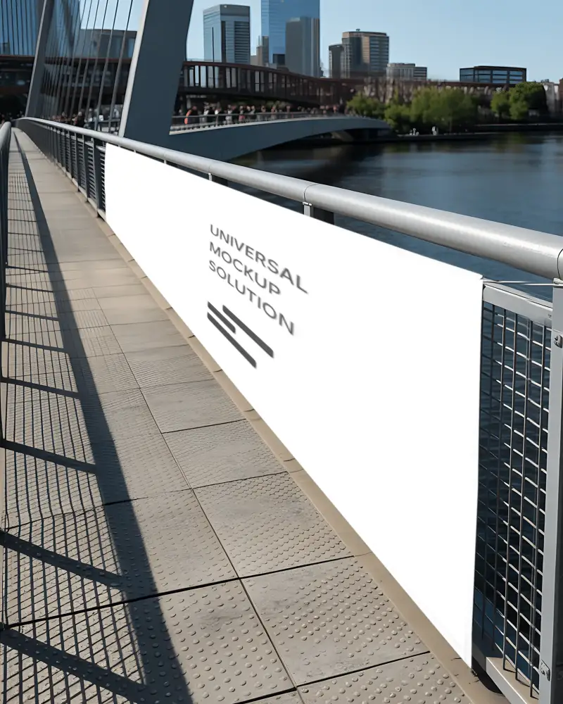 Blank Outdoor Banner Mockup On Urban Bridge Railing With Cityscape Background