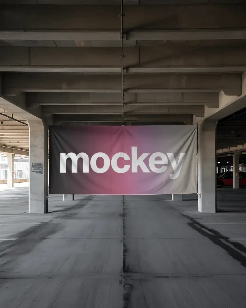 Empty Urban Banner Mockup Suspended Among Concrete Columns In Public Garage Space