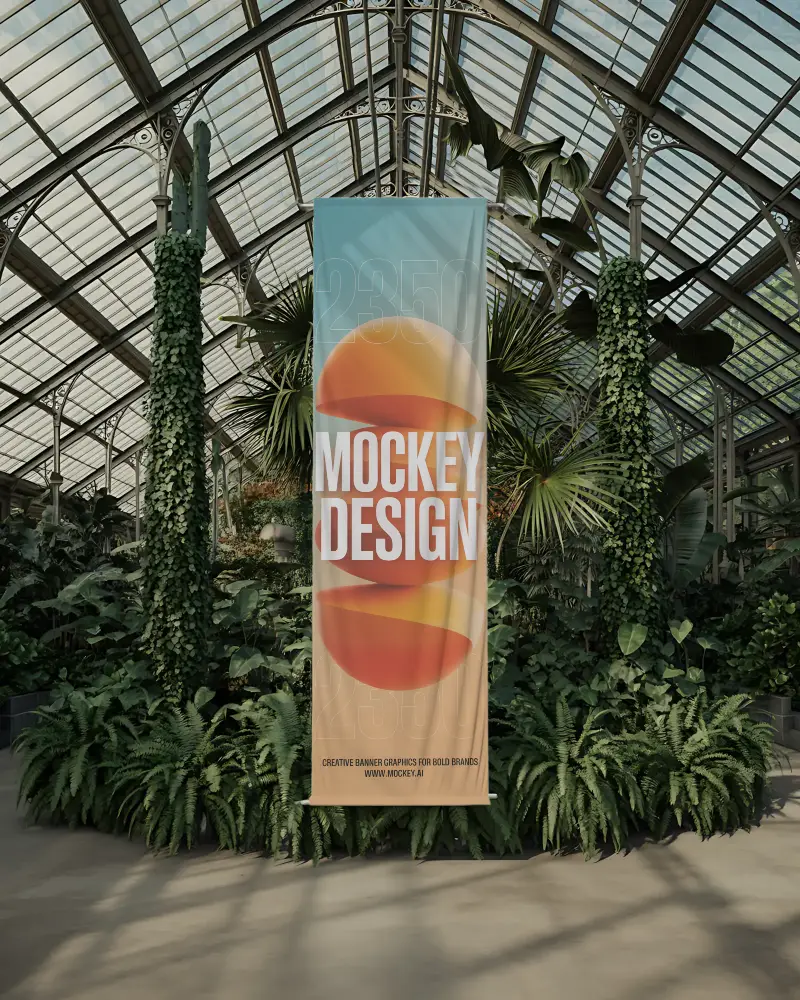 Vertical Banner Mockup Hanging In Glasshouse Surrounded By Lush Greenery And Plants