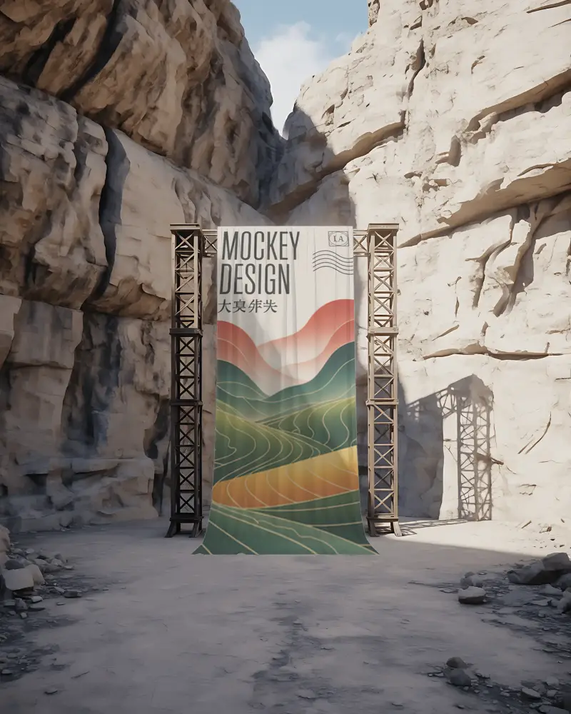 Large Banner Mockup On Modern Metal Framework With Natural Rocky Background Outdoor Scene