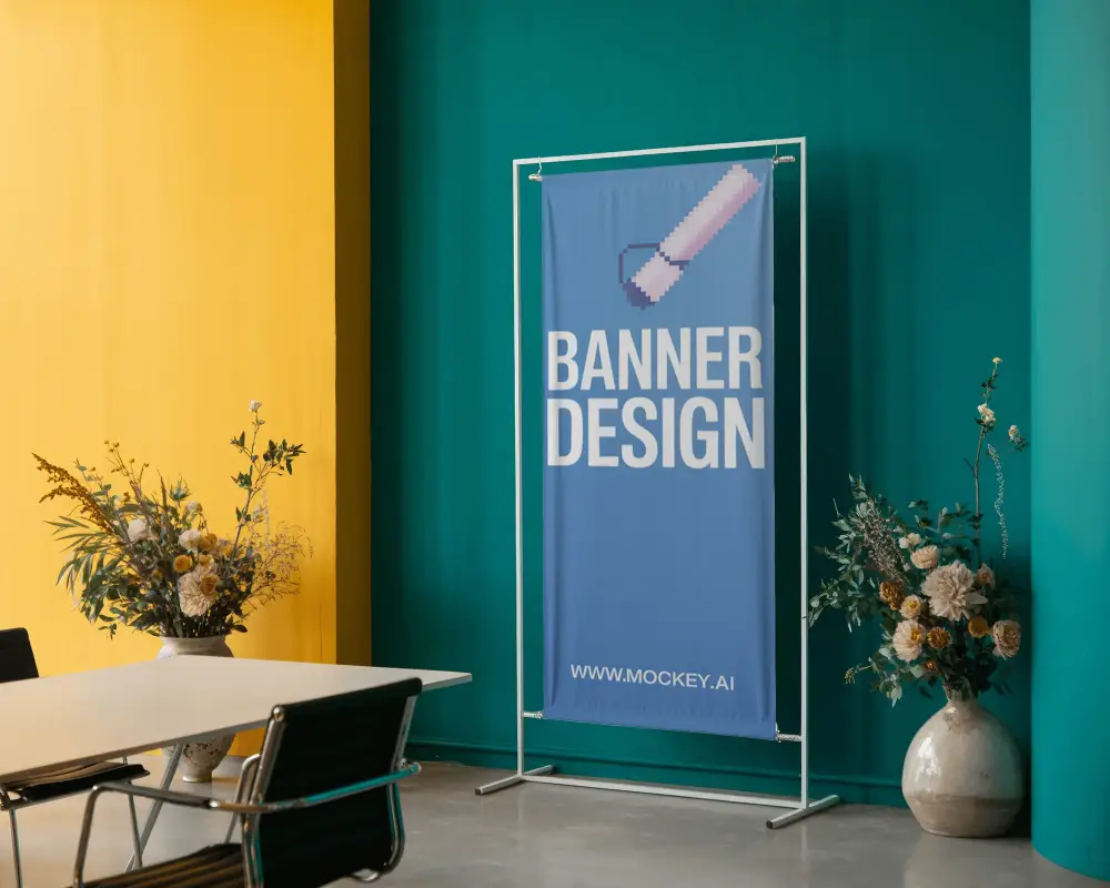 Modern Blank Hanging Banner Mockup In Minimalist Office With Floral Decor Setup