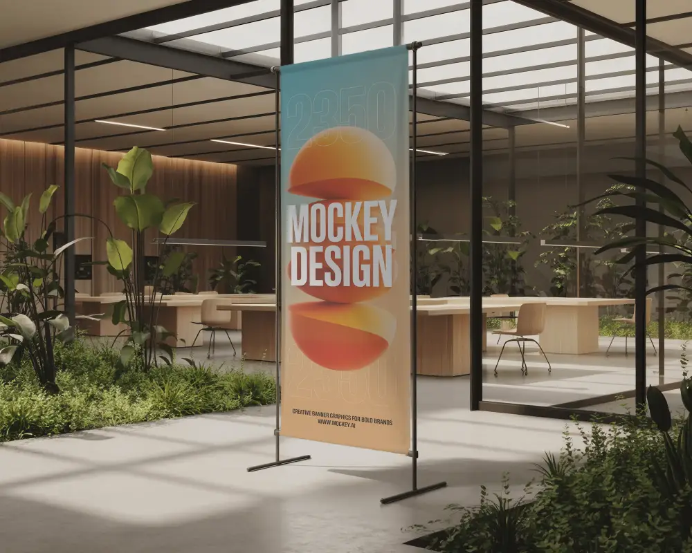 Vertical Floor Banner Mockup In Eco Friendly Indoor Office Setting With Natural Light