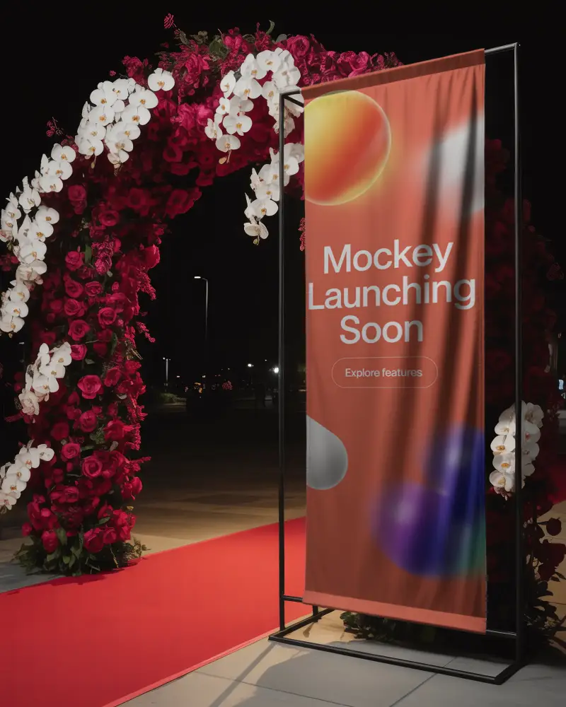 Modern Fabric Banner Mockup Outdoor Event With Floral Decorations And Night Lighting