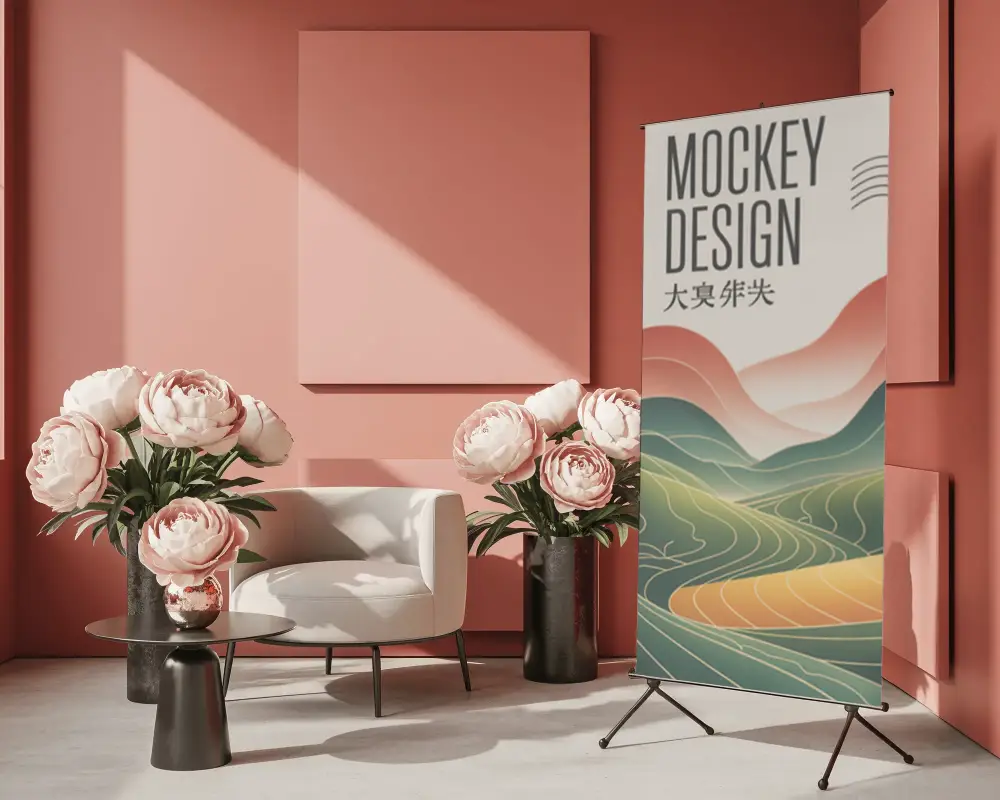 Stylish Minimalist Room Interior Featuring Blank Pull Up Banner Mockup Decorative Flowers