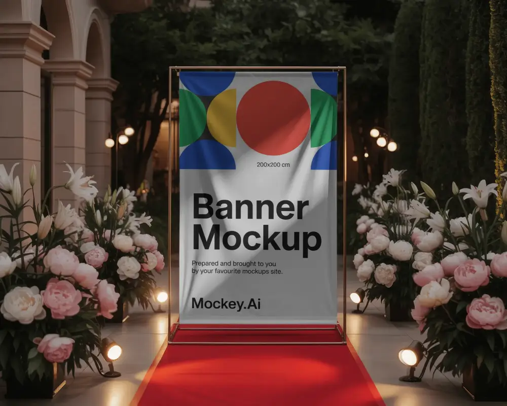 Premium Red Carpet Banner Mockup With Floral Arrangements For Highend Brand Presentation