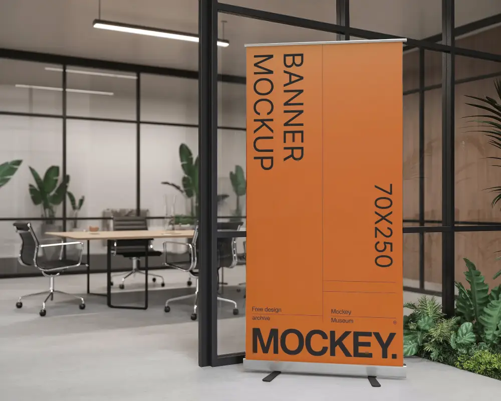 Professional Roll Up Banner Mockup In Glass Wall Office For Corporate Advertising Use