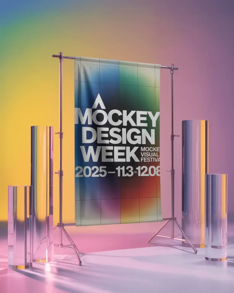 High Quality Fabric Banner Mockup On Portable Tripod Stand With Reflective Pillars