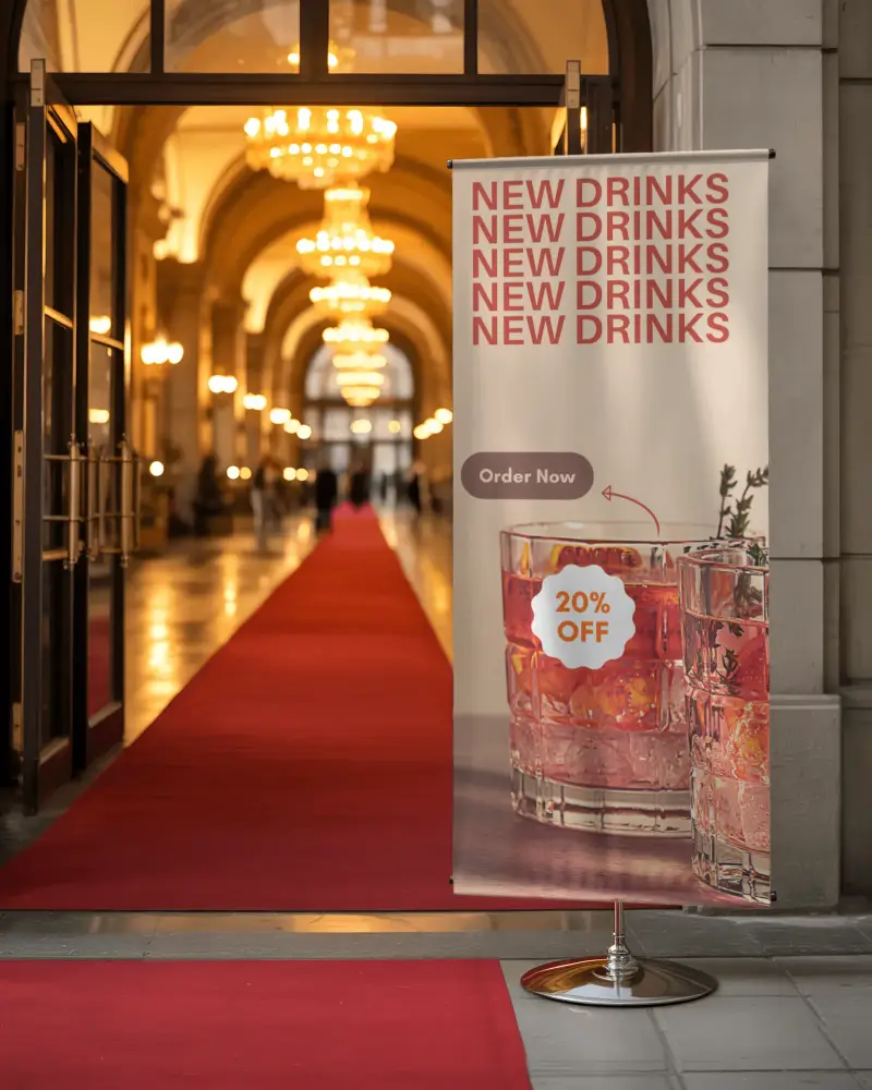 Luxury Event Venue Banner Mockup With Elegant Red Carpet Aisle And Archway Background