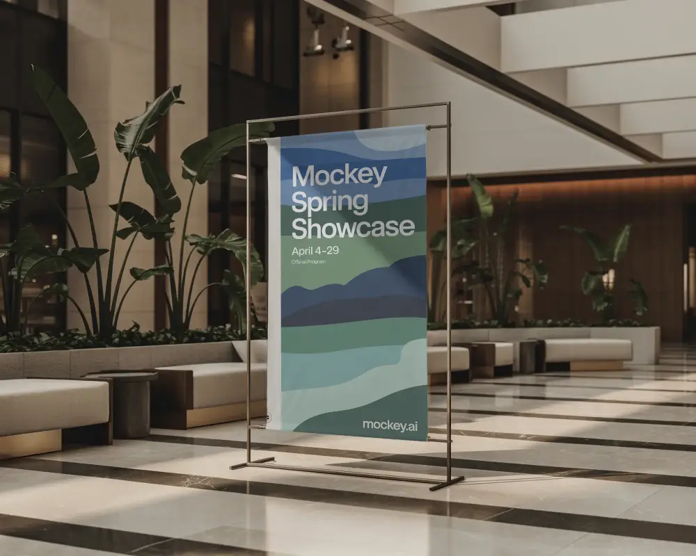 Vertical Poster Banner Mockup In Spacious Luxury Lobby With Natural Light And Plants