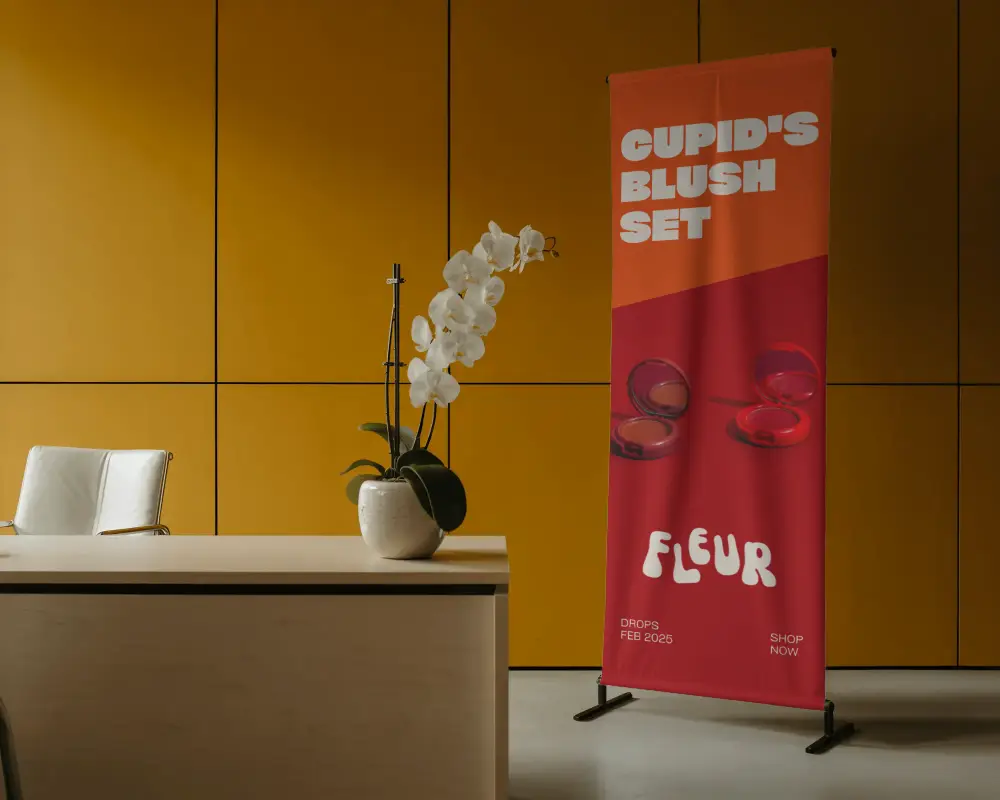 Modern Minimalist Office Space With Blank Promotional Banner Stand Mockup