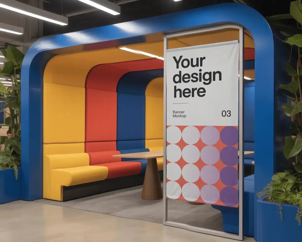 Sleek Contemporary Meeting Space Showcasing Vertical Empty Banner Mockup