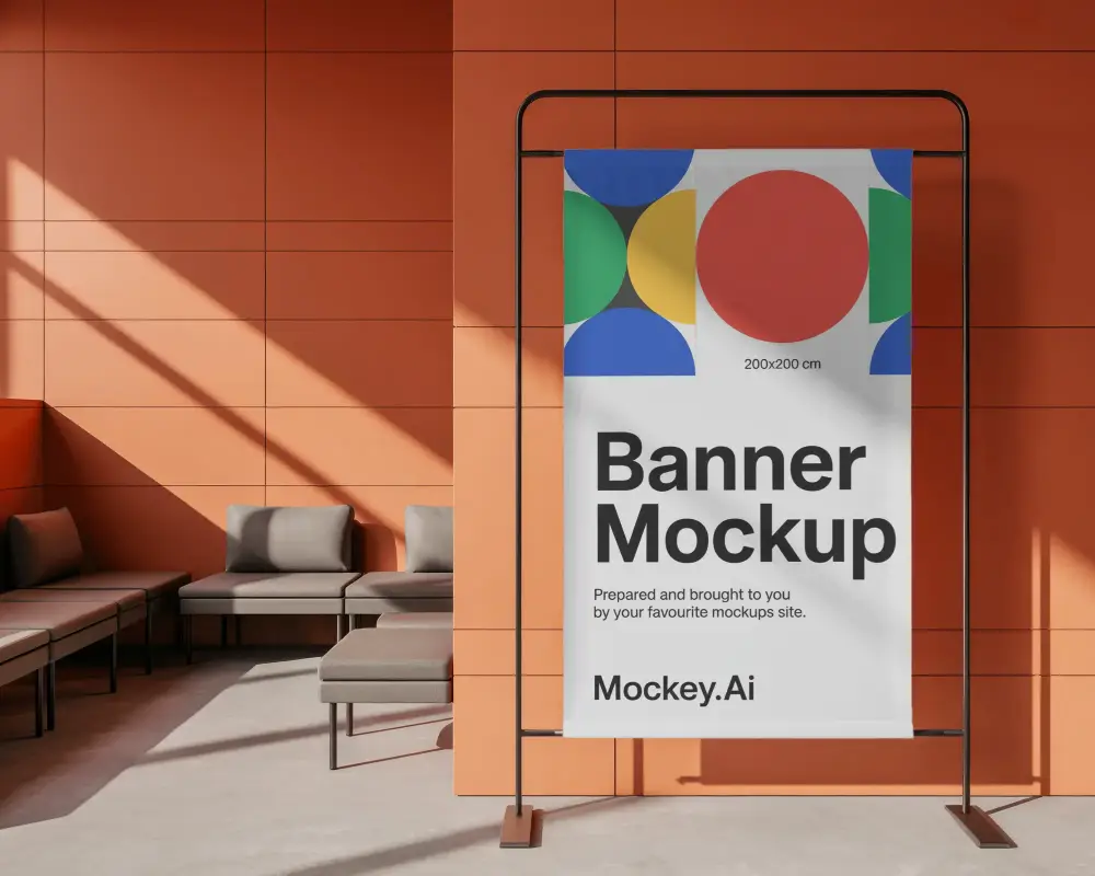 Empty Fabric Banner Stand Mockup In Contemporary Commercial Interior Space