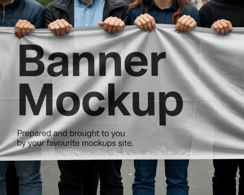 Collective Group Holding Large Blank Banner Mockup Customized Messages And Outdoor